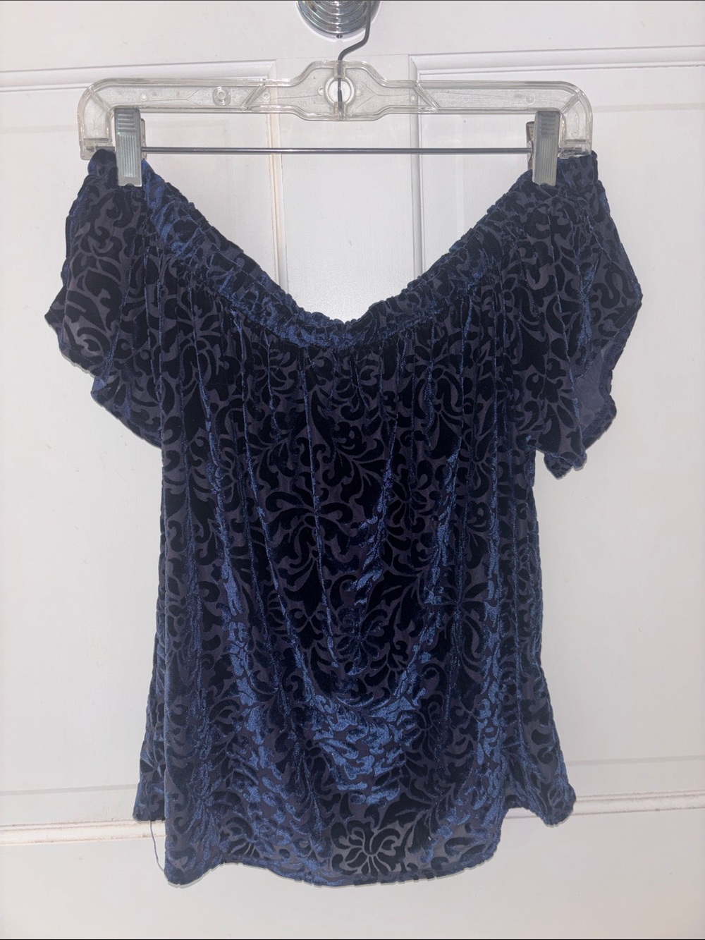 Hollister Navy Blue Off-Shoulder Velvet Burnout Top